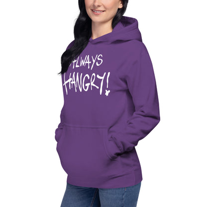 Person wearing a purple hoodie with 'ALWAYS HANGRY!' text on a white background