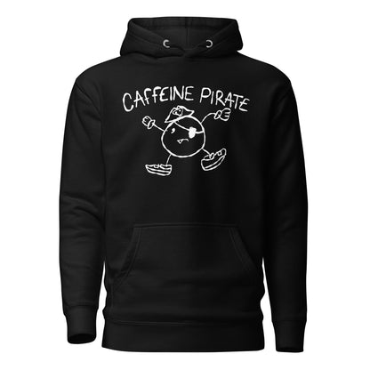 Black hoodie with 'Caffeine Pirate' character design on a white background
