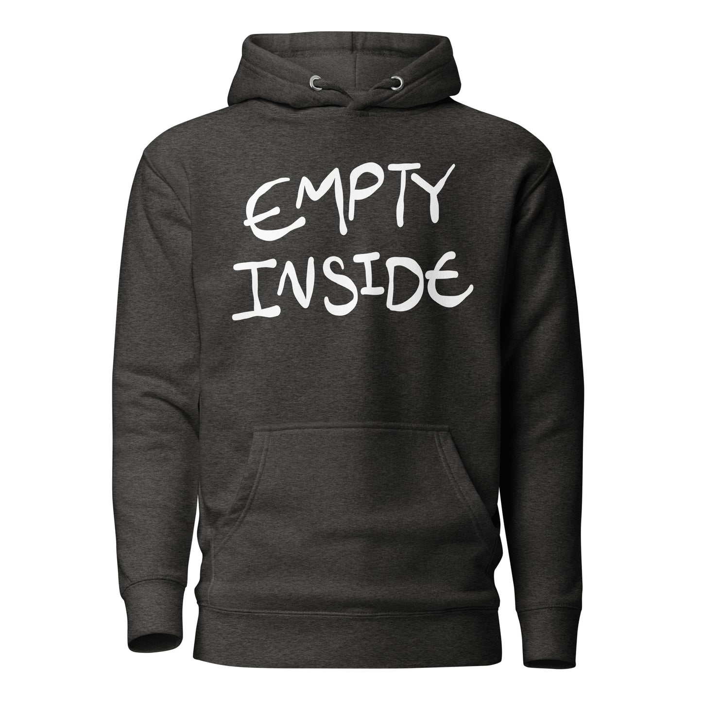 Charcoal hoodie with 'EMPTY INSIDE' text on a white background