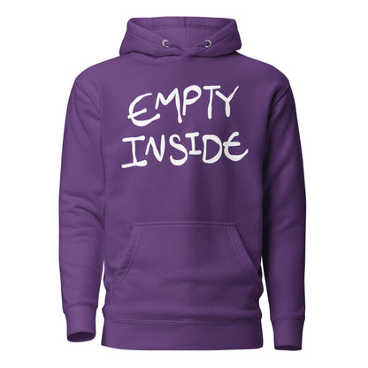 Purple hoodie with 'EMPTY INSIDE' text on a white background