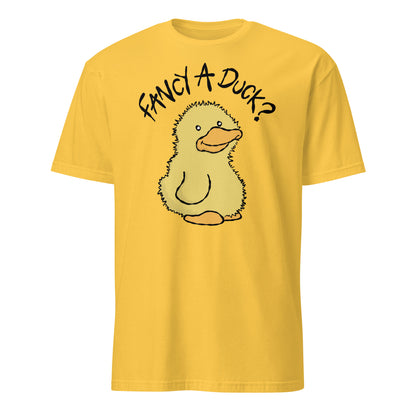 Yellow t-shirt with a cartoon duck and text 'Fancy A Duck?' on a white background