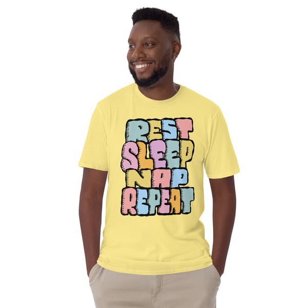Rest, Sleep, Nap, Repeat Soft Tee— funny chronic illness tee with monster character design, cornsilk yellow