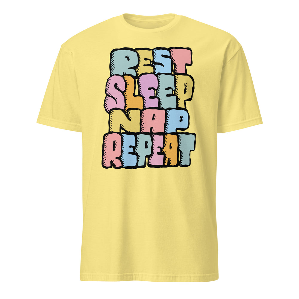 Rest, Sleep, Nap, Repeat Soft Tee— funny chronic illness tee with monster character design, cornsilk yellow