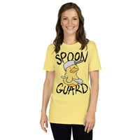 Spoon Guard Soft Tee, chronic illness humour graphic tee with duck illustration, chronic illness apparel, cornsilk yellow