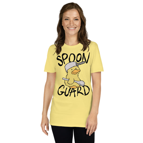 Spoon Guard Soft Tee, chronic illness humour graphic tee with duck illustration, chronic illness apparel, cornsilk yellow