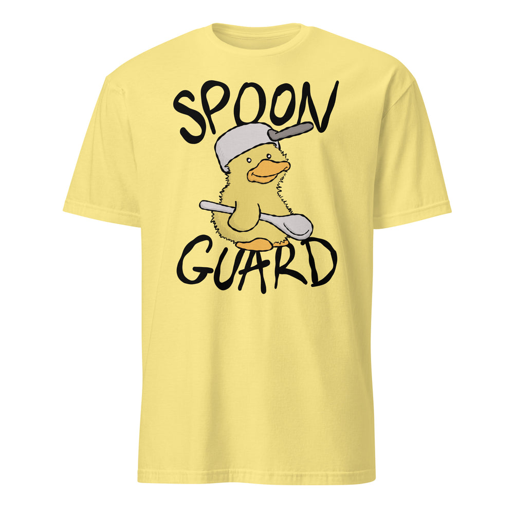 Spoon Guard Soft Tee, chronic illness humour graphic tee with duck illustration, chronic illness apparel, cornsilk yellow