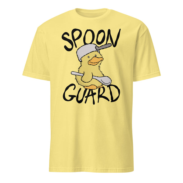 Spoon Guard Soft Tee, chronic illness humour graphic tee with duck illustration, chronic illness apparel, cornsilk yellow