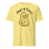 Fancy a Duck? Soft Tee — humorous spoonie graphic tee with duck illustration, cornsilk yellow