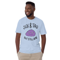 Sick and Tired Soft Tee - Lil Monster Edition — funny chronic illness tee with monster character design, blue