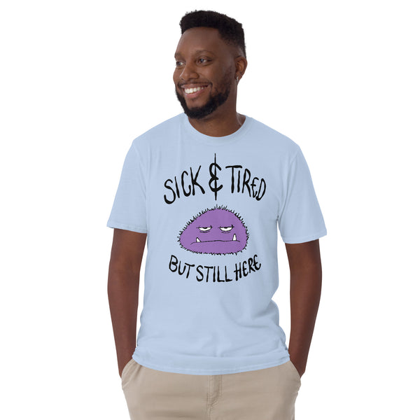 Sick and Tired Soft Tee - Lil Monster Edition — funny chronic illness tee with monster character design, blue