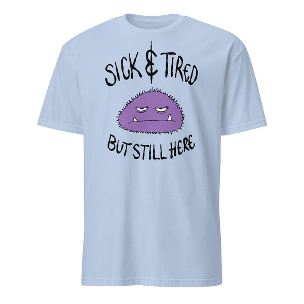 Sick and Tired Soft Tee - Lil Monster Edition — funny chronic illness tee with monster character design, blue
