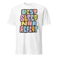 Rest, Sleep, Nap, Repeat Soft Tee— funny chronic illness tee with monster character design, white
