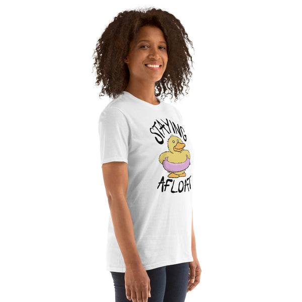 Staying Afloat Soft Tee, chronic illness humour graphic tee with duck illustration, chronic illness apparel, white