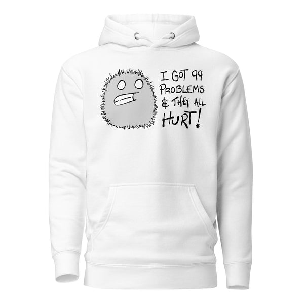 I Got 99 Problems Lil Monster Hoodie — chronic illness humour hoodie with monster design, white